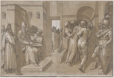 Cristo es llevado, los soldados están a la derecha de la hoja, 1585