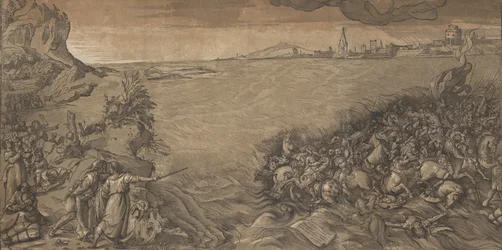 El cruce del mar rojo, Moisés señala al ejército siendo sumergido