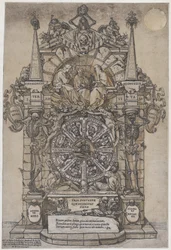 Triunfo de la Muerte con tres destinos en un marco arquitectónico sobre una rueda de la fortuna, 1588