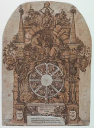 Triunfo de la Muerte con tres destinos en un marco arquitectónico sobre una rueda de la fortuna flanqueada por esqueletos; una calavera y un reloj de arena en la parte superior y con la rueda destinada a girar en el centro