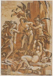 Virtud como una joven en el centro de cuatro figuras que representan amor, error, ignorancia..., 1585