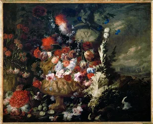 Jarrón con flores y frutas en un paisaje - Vase de fleurs et fruits dans un paysage ...