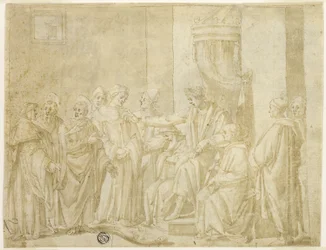 San Pedro y San Pablo disputando con Simón el Mago ante Nerón (recto); Cinco escenas de la historia de Moisés (verso)