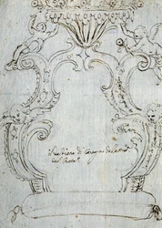 Boceto para respaldo de silla, ca 1715, por Andrea Brustolon, lápiz y pluma sobre papel blanco, Italia