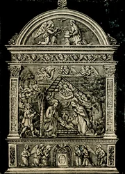 Natividad, retablo de terracota por Andrea della Robbia, de la iglesia de Santa Clara, Museo Cívico de Sansepolcro, Toscana, Italia, xilografía de Le cento città d