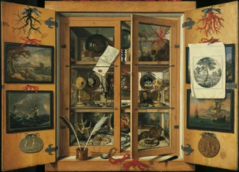 Gabinete de curiosidades (con puertas de cristal) con diversos objetos, de Andrea Dominico Remps (1621-1699).