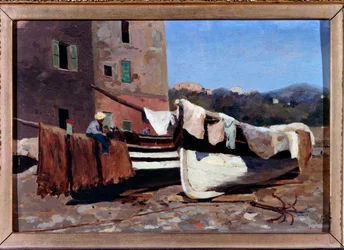 Paisaje de barcos en la orilla del mar (óleo sobre lienzo)
