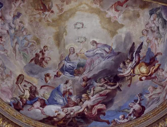 Coronación de la Virgen, fresco pintado en 1699 por Andrea Lanzani (1641-1712) del coro del Santuario de la Incoronata, Lodi, Italia