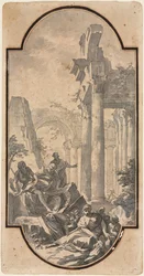 Figuras Cerca de las Ruinas de un Templo Corintio recto, Fragmento de un Arco trazado desde el recto