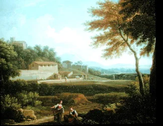 Paisaje con figuras en reposo con una ciudad al fondo