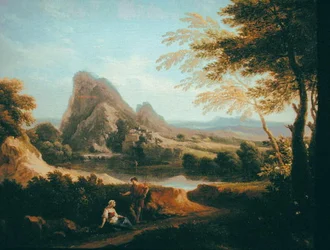 Paisaje con una cascada distante