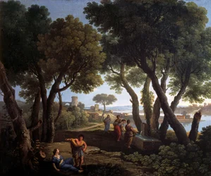 Paisaje con mujeres en un pozo