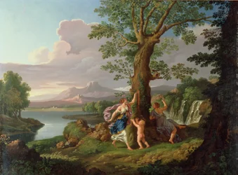 Paisaje fluvial con una ninfa arrancando una rama de un árbol sangrante