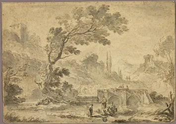 Lavanderas junto a un arroyo en un paisaje italianizante