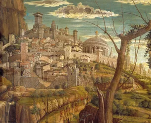 Agonía en el Jardín por Andrea Mantegna (1431-1506), temple sobre madera, 71x94 cm, vista de detalle de Jerusalén
