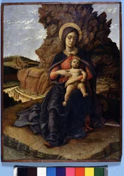 Andrea Mantegna, La “Virgen de las canteras”: Virgen con el Niño y al fondo canteras de piedra con trabajadores trabajando, Galería de los Uffizi, Florencia