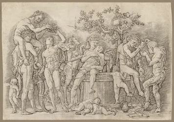 Bacanal con una cuba de vino