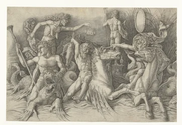 Batalla de los Dioses del Mar, con Envidia (Invidia) a la Izquierda Batalla entre sátiros montados en hipocampos y anciana como personificación de la envidia de pie en la espalda del dragón Batalla de los dioses del mar
