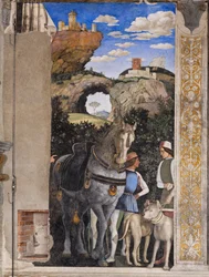 Palacio Ducal: pared suroeste de la Cámara Nupcial o Camera Picta, que es una sala situada en la torre noreste del Castillo de San Giorgio de Mantua. Es famosa por el ciclo de frescos que cubre sus paredes, obra maestra de Andrea Mantegna, cre