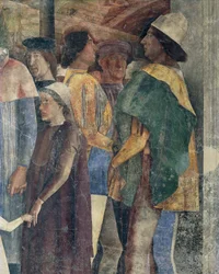 Federico III de Habsburgo, Cristián I de Dinamarca y Federico I Gonzaga, detalle del Muro de la Reunión, por Andrea Mantegna, Castillo de San Giorgio, Cámara de los Esposos o Camera Picta, Mantua