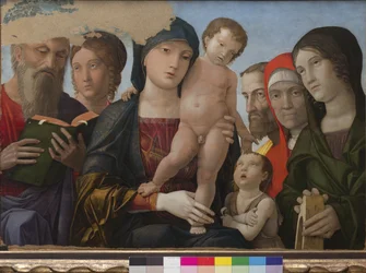 Madonna y Niño, San Juan, Santa Catalina de Alejandría y otros santos, 1480-88