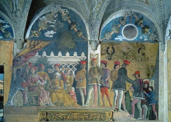 Marqués Ludovico Gonzaga III, su esposa Bárbara de Brandeburgo, sus hijos, cortesanos y su perro Rubino, de la Cámara de los Esposos o Cámara Picta, 1465-74