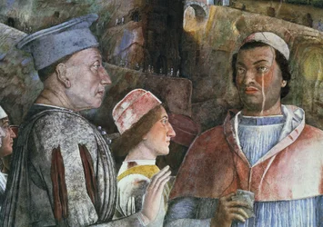 Marchese Ludovico Gonzaga III de Mantua saludando a su hijo Cardenal Francesco Gonzaga (detalle)