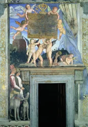 Putti con alas de mariposa que sostienen la placa dedicatoria, con perros de caza y sus cuidadores debajo, de la Camera degli Sposi o Camera Picta, 1465-74 (detalle de 78449)