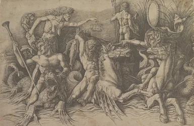 La batalla de los dioses del mar Parte izquierda de un friso, ca. 1485-88