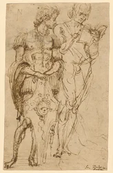 Dos figuras masculinas de pie (anverso); Un hombre recostado y otros estudios (reverso)
