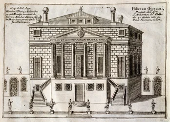Fachada principal de la Villa Foscari, conocida como La Malcontenta, Mira, diseñada por Andrea Palladio (1508-1580), grabado de A lo largo del canal de Brenta, casi un barrio de la ciudad de Venecia, por Vincenzo Coronelli (1650-1718), Venecia