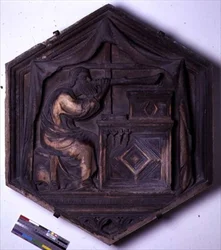 Música, azulejo hexagonal decorativo en relieve de una serie que representa las Siete Artes Liberales, posiblemente basado en diseños de Giotto (c.1266-1337) c.1334-48