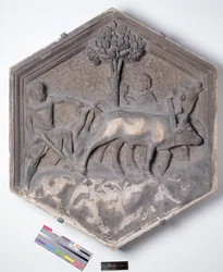 El Arte de la Agricultura, azulejo decorativo hexagonal de una serie que representa a los practicantes de las Artes y las Ciencias, posiblemente basado en diseños de Giotto (c.1266-1337) c.1334-1348