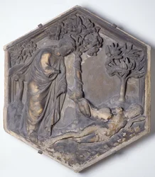 La Creación de Eva, azulejo decorativo hexagonal de una serie que ilustra episodios del Génesis, posiblemente basado en diseños de Giotto (c.1266-1337) c.1334-48