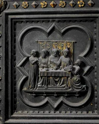 La presentación de la cabeza de San Juan Bautista al rey Herodes, decimoséptimo panel de las puertas sur del Baptisterio de San Giovanni, 1336