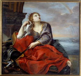 Dido, reina de Cartago, abandonada por Eneas. Dirige la espada hacia su vientre como señal de desesperación. Pintura de Andrea Sacchi (1599-1661), 1635. Sol. 1,4x1,48 m. Caen, Museo de Bellas Artes