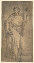 Un santo, posiblemente Mateo, sosteniendo un bastón y un libro, ca. 1540-50