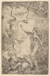 Apolo a la derecha sosteniendo un arco persiguiendo a Dafne a la izquierda, ca. 1538-40