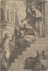 Cristo dirigiéndose a un grupo de mujeres sentadas y de pie en los escalones, ca. 1541-44