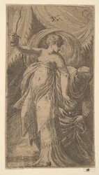 Judith con su espada levantada en su mano derecha y colocando la cabeza de Holofernes i..., ca. 1540-45