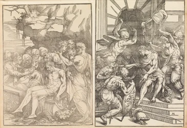 Lamentación sobre el Cristo muerto, Cristo es atacado por soldados, ca. 1556-57
