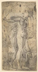 Mercurio de pie sosteniendo un caduceo en su mano derecha, una lira en su izquierda, ca. 1536-40