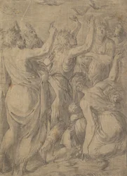 Moisés mostrando las codornices a los israelitas el milagro de las codornices y el maná, ca. 1545