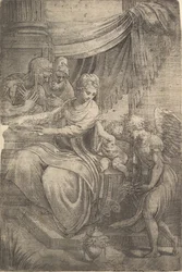 La Sagrada Familia, un ángel sosteniendo flores acercándose desde la derecha, ca. 1550-53