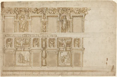 Un Muro Palaciego Ornamentado con Esculturas y Pinturas