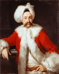 Retrato de un caballero de pie, medio cuerpo, con traje oriental