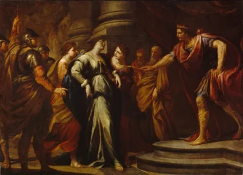 Ester (Hadassah bat Avilail) antes de Asuero (se identifica con Jerjes I, rey de Persia, 519-465 aC) (Ester antes de Asuero). Ester es elegida como esposa por el rey persa de entre todos los pretendientes. Pintura de Andrea Vacaro (1604-1670), óleo sobre