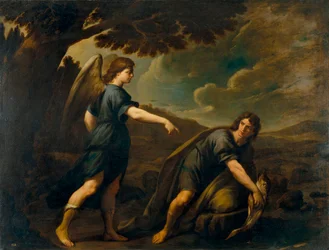 El ángel y Tobías con el pez - Pintura de Andrea Vaccaro (1604-1670), óleo sobre lienzo (199,5x262 cm), hacia 1640, arte italiano