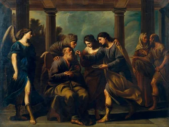 Tobías curando la ceguera de su padre - Pintura de Andrea Vaccaro (1604-1670), óleo sobre lienzo (200,5x264 cm), hacia 1640, arte italiano del siglo XVII, arte barroco - Museu Nacional d