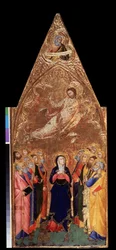 ""La Ascensión de Cristo"" Abajo, La Virgen María y los apóstoles observando a Jesucristo. Arriba, representación del profeta Jeremías. Témpera sobre madera de Andrea Vanni (1332-1414) 1355-1360 Dim. 68x28 cm Museo del Hermitage, San Petersburgo (Saint-Pet